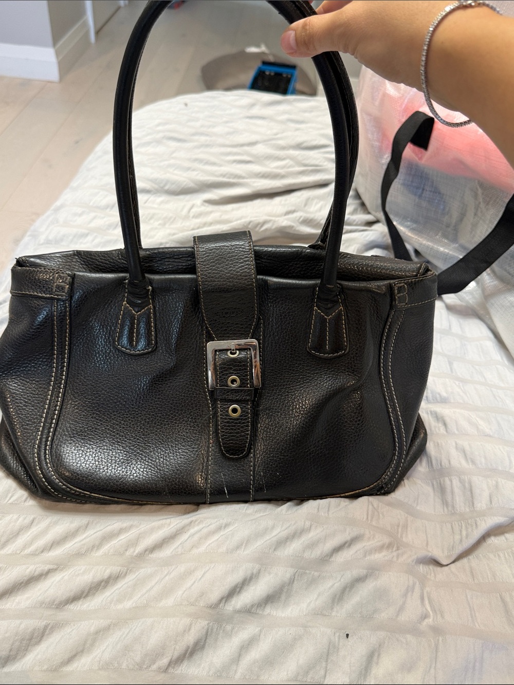 Tod’s Black Leather Buckle Tote Bag